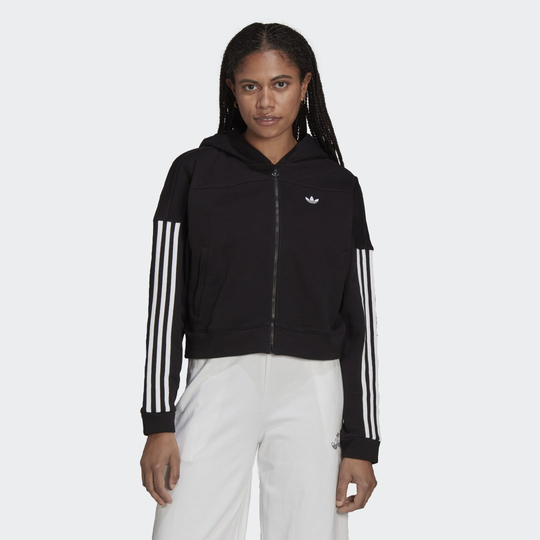 Cropped Full-Zip Hoodie with Sporty Cut Line and Colored Contrast Stripes